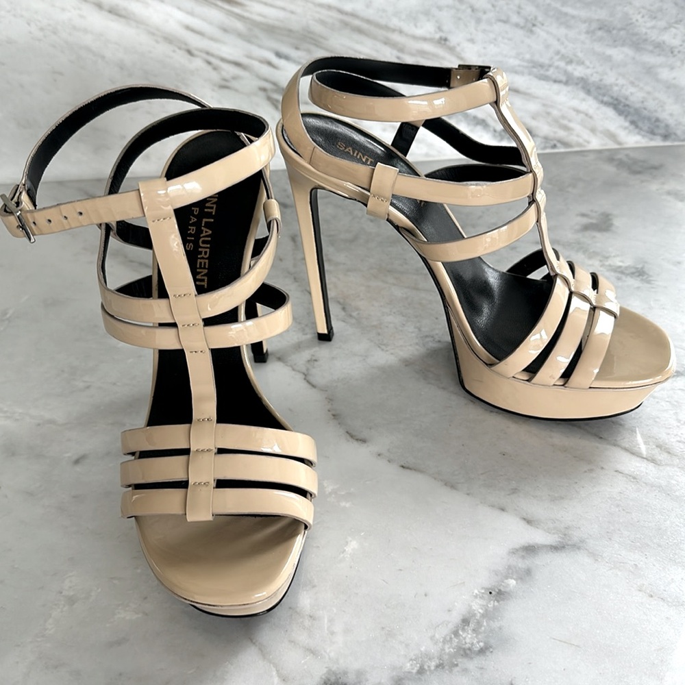 Saint Laurent T-strap Multi Strap  Patent Cream Sandals Size 8 - Picture 2 of 8